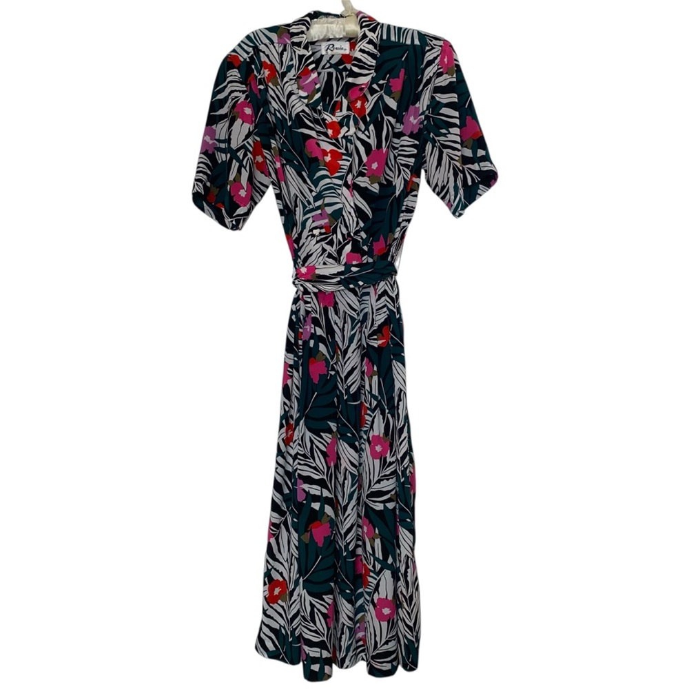 Vintage 80s Tropical Floral Print Front Wrap-Style Dress